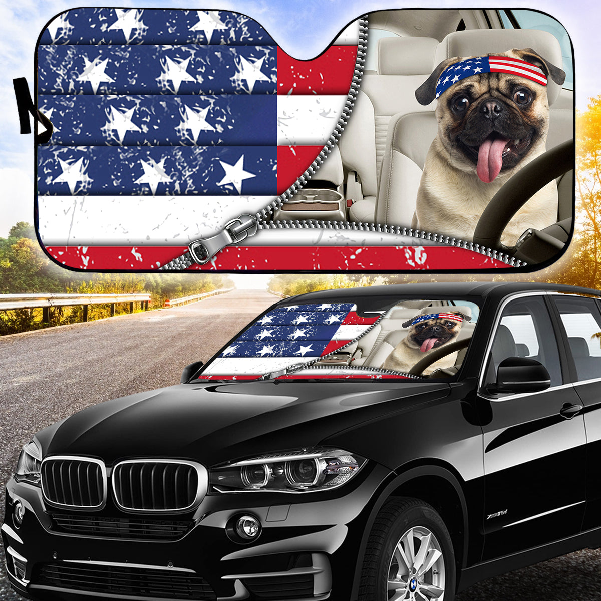 Petthouse | Pug Cute Dog Sunshade Car Sun Shade Windshield American Patriot Us Flag Sun Shield For Car