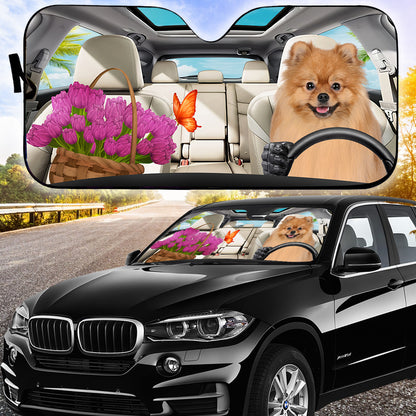 Petthouse | Pomeranian Dog Sunshade Dog And Tulips Windshield Sun Shade Windshield Cover Sun Shield