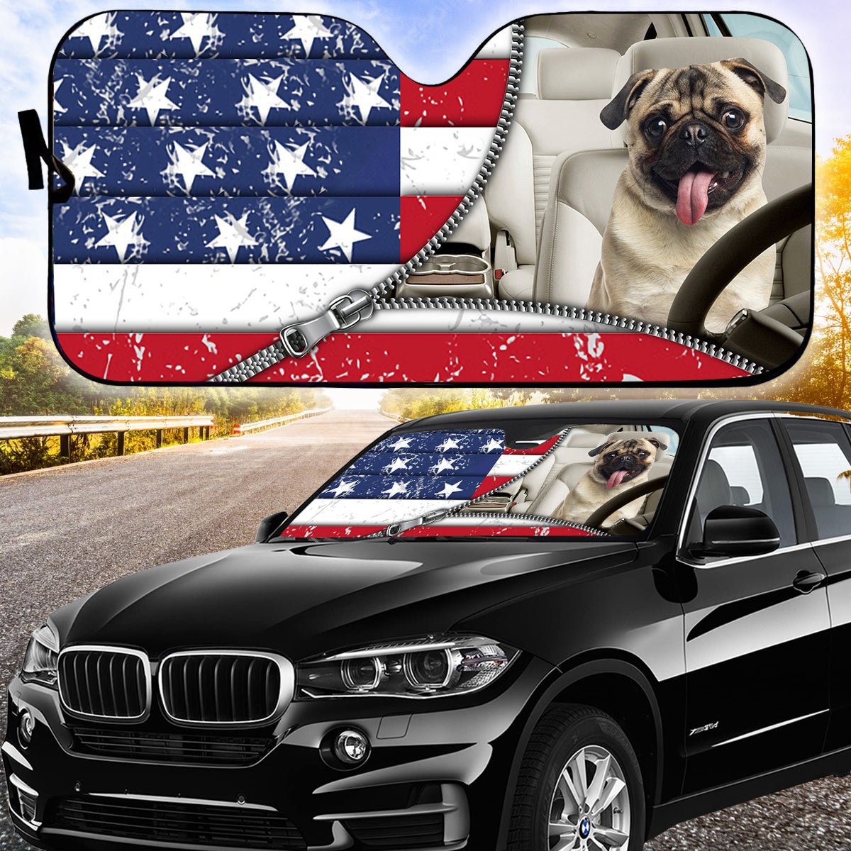 Petthouse | Pug Dog Car Sun Shade Windshield American Flag Truck Dog Sunshade The Patriot Gift Dog Lover