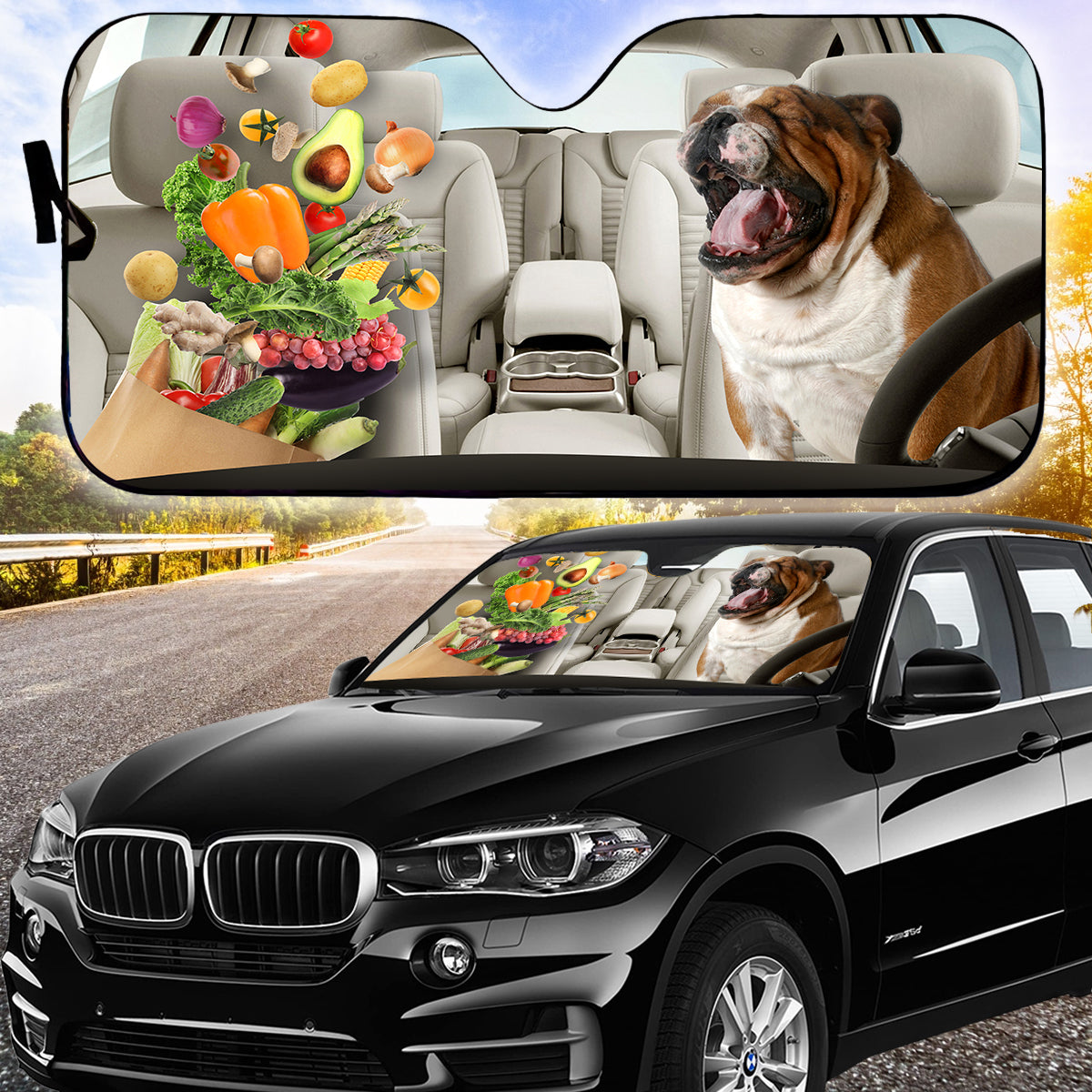 Petthouse | English Bulldog Sun Shade Funny Yelling Dog At Vegetable Windshield Sun Shade Sun Visor For Car