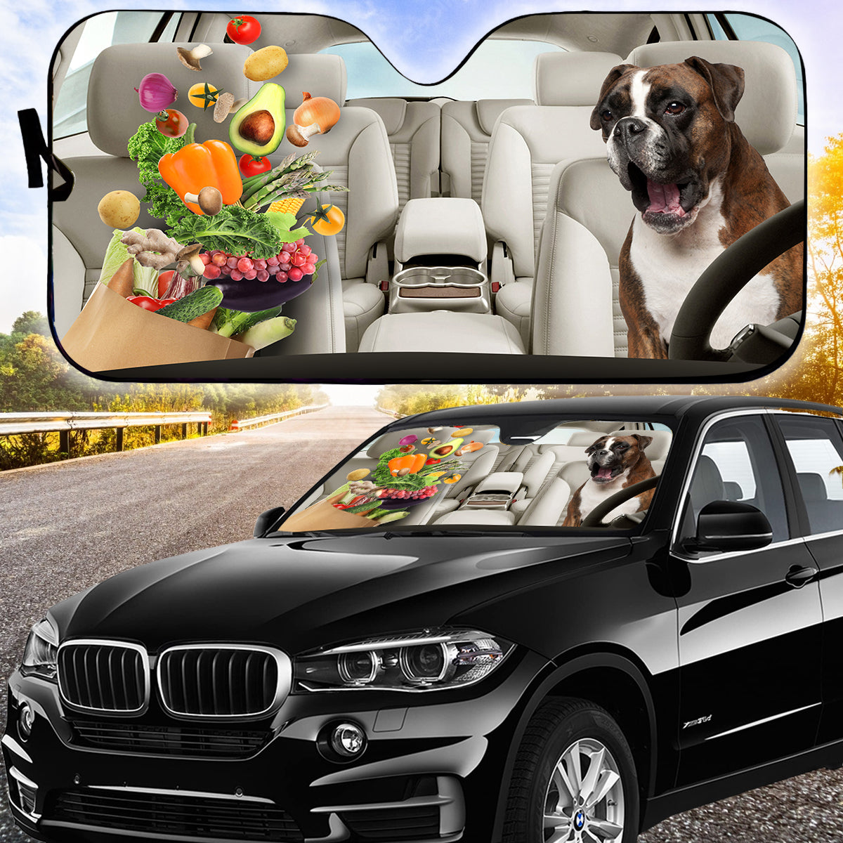 Petthouse | Boxer Go Shopping Windshield Sun Shade Funny Boxer Face Windshield Visor Vegetarian Dog