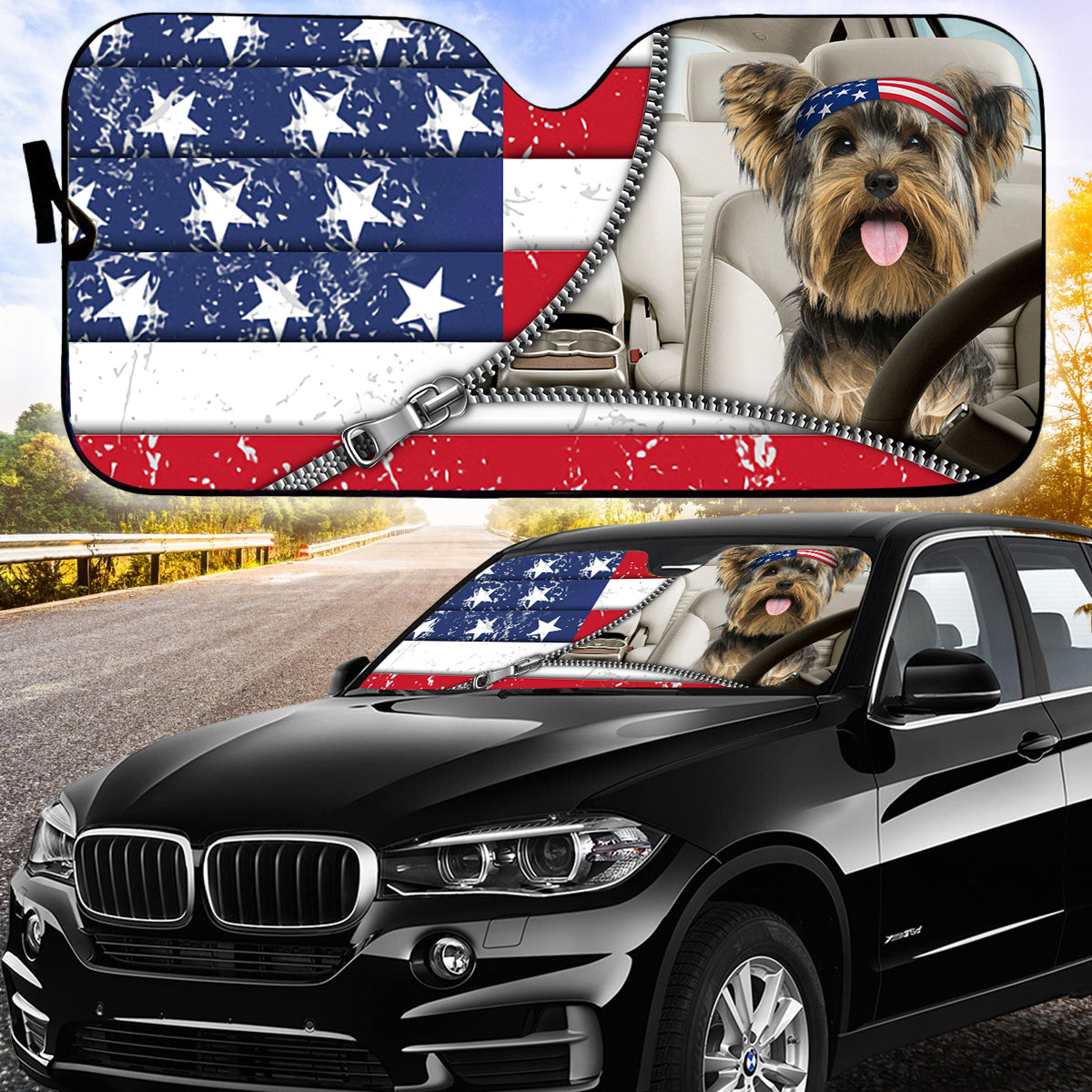 Petthouse | Yorkshire Terrier Dog Sunshade American Flag Windshield Sun Shade Car Sun Shade Windshield