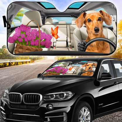 Petthouse | Dachshund Dog Windshield Sun Shade Funny Dog Driver Window Shade Tulip Basket For Beautiful