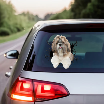 Petthouse | Long Coat Shih Tzu Vinyl Decal Dog Inside Big Crack Hole Print Sticker Fun Car Decor Peel