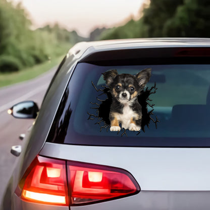 Petthouse | Black Long-haired Chihuahua Dog Car Decals Crack Effect Print Sticker Fun Car Decor Dog Lovers