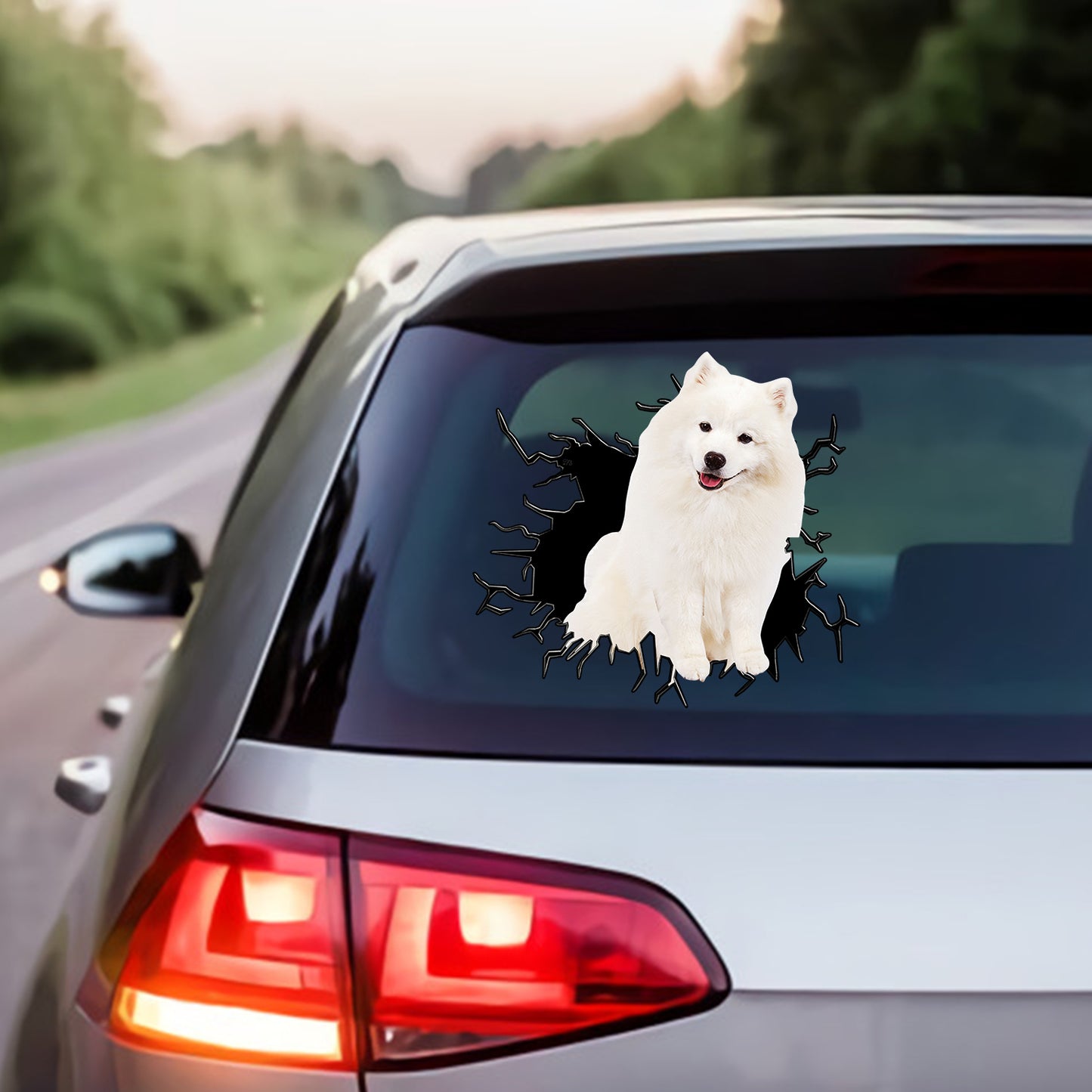 Petthouse | American Eskimo Dog Breaking Wall Car Sticker Vinyl Decal Self Adhesive Decal For Dog Lovers