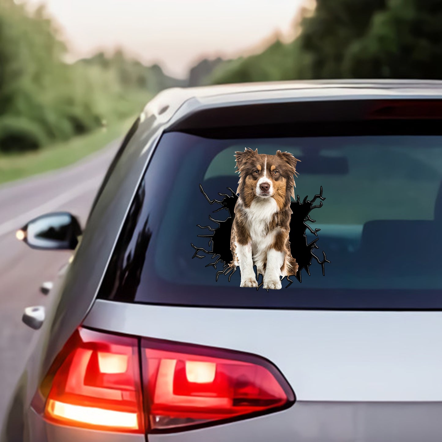 Petthouse | Brown Australian Shepherd Vinyl Decal Dog Peeking Out Crack Hole Sticker For Dog Lovers