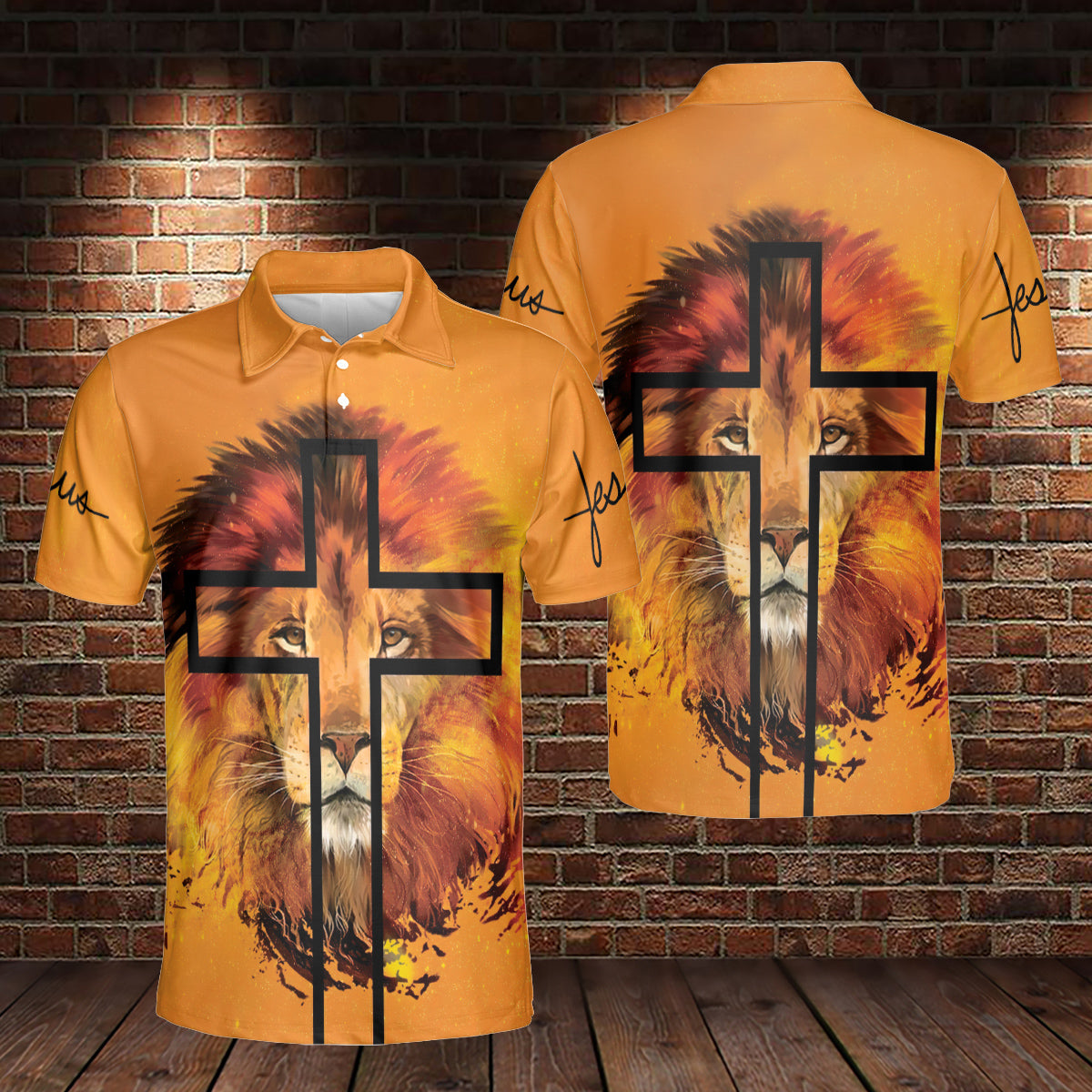 Petthouse | Yellow Lion Face Art Printed Polo For Men Christian Jesus Cross Art Summer Holiday Gift