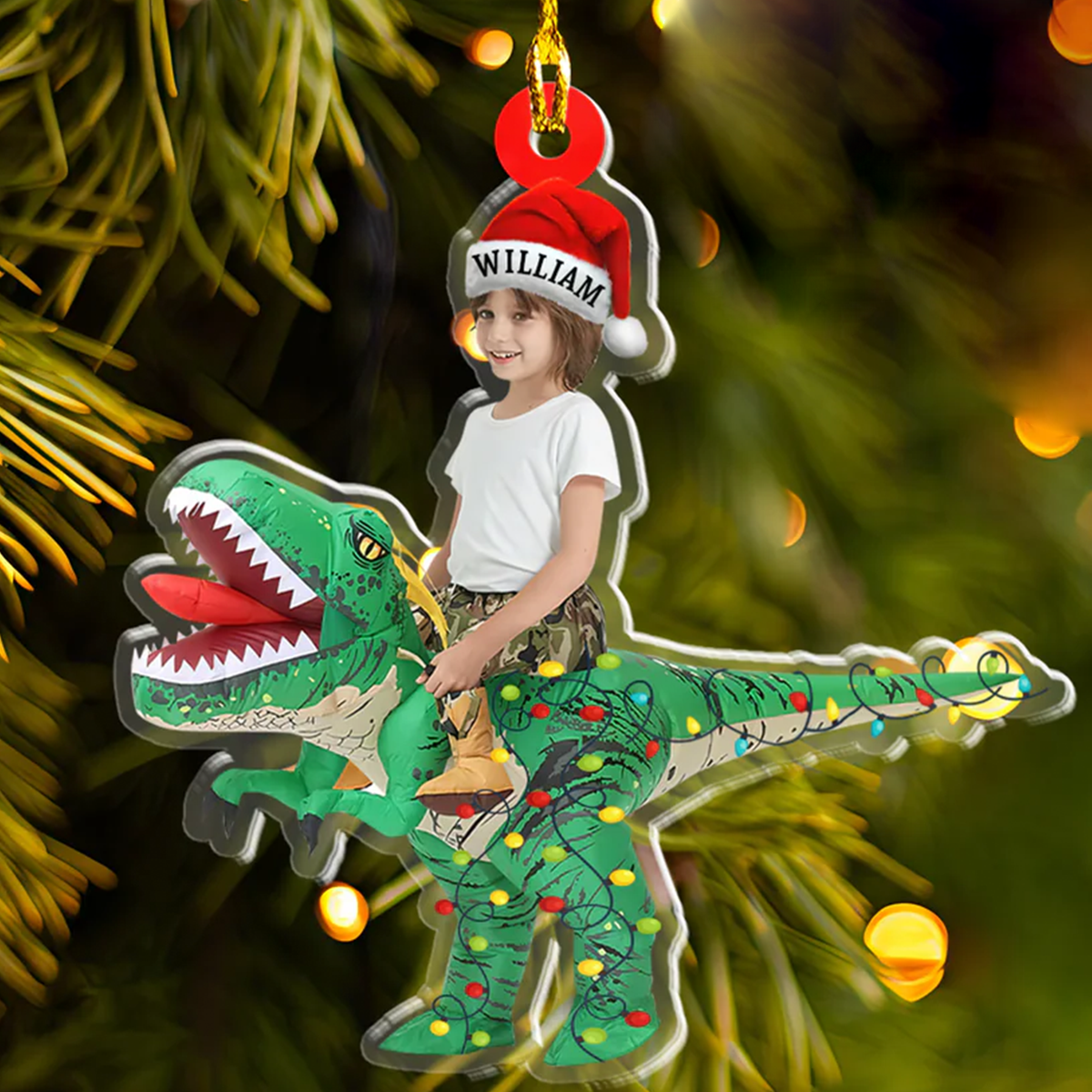 Petthouse | Personalized Baby Photo Name Christmas Ornament, Cute Kid Riding Dinosaur 2d Flat Xmas Ornament