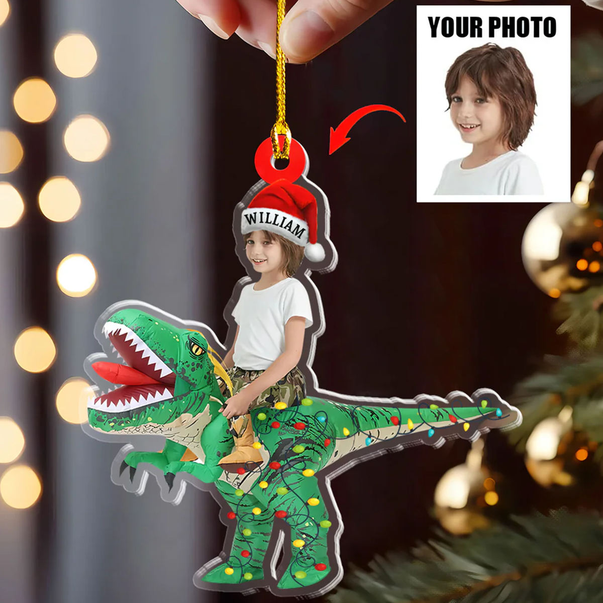 Petthouse | Personalized Baby Photo Name Christmas Ornament, Cute Kid Riding Dinosaur 2d Flat Xmas Ornament